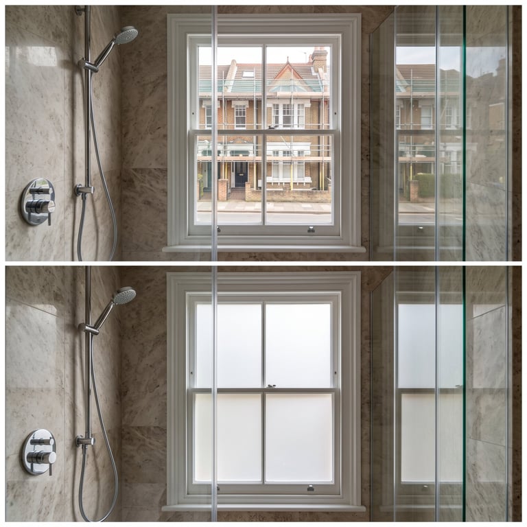 Bathroom shower with chrome fixtures and frosted glass panel beside two window views showing comparison of transparent versus privacy glass