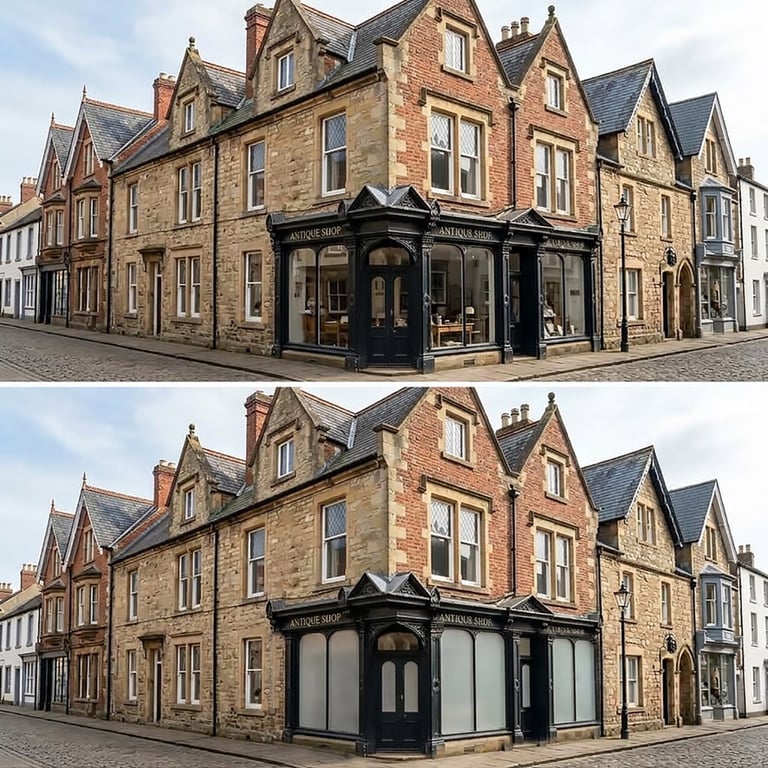 Historic stone buildings on a corner street with Victorian architecture, showing before and after renovation of a ground-floor storefront