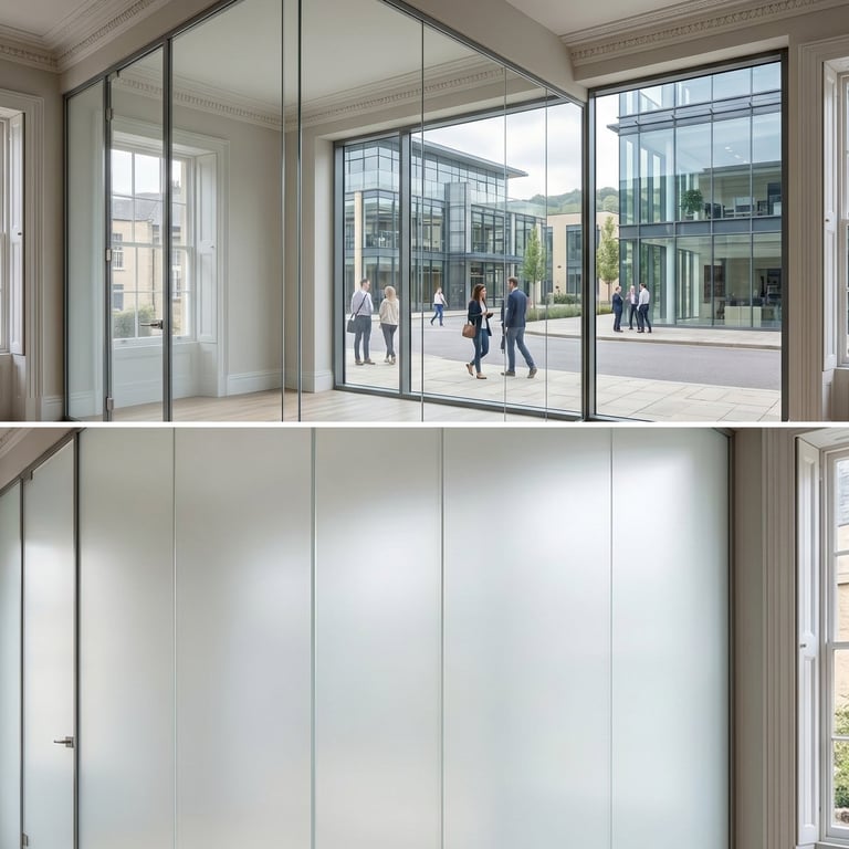 Modern glass partition walls with frosted and transparent panels in an office interior space showing exterior courtyard view