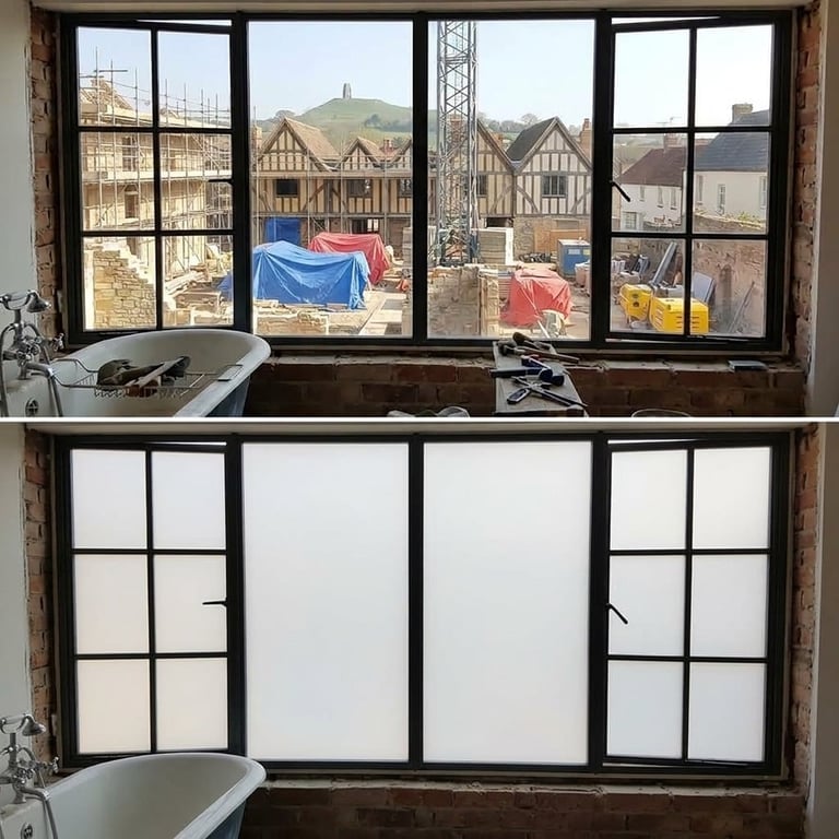 Before and after comparison of a large window with view of construction site with buildings and crane