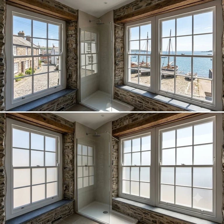 Two views of corner windows with white frames in a stone room overlooking a harbor with sailboats