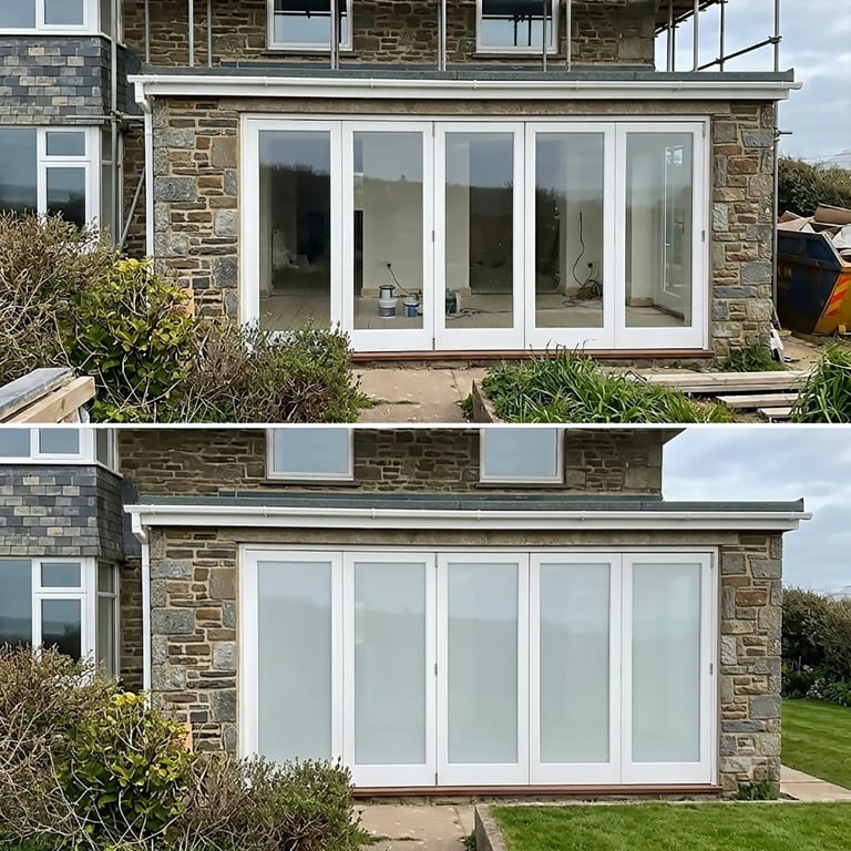 Before and after comparison of a stone house with new white multi-panel sliding doors installed on the rear elevation