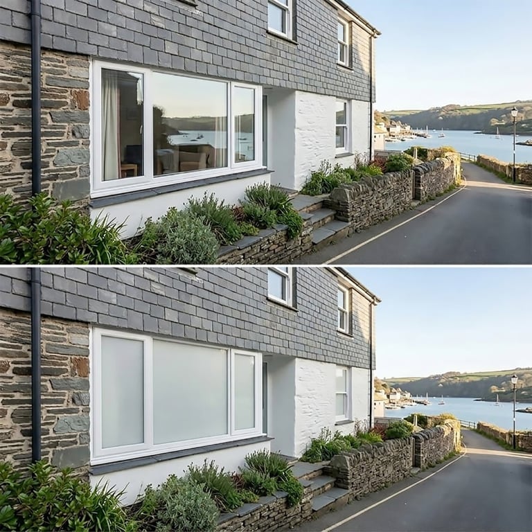 Comparison of modern coastal house exterior before and after, showing large windows overlooking a bay with sailboats