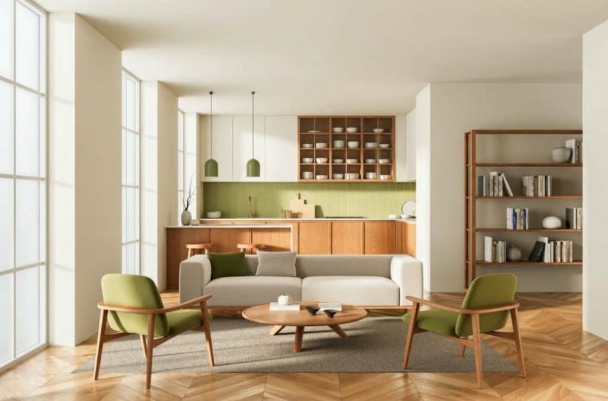 Modern living room with gray sofa, green armchairs, wooden coffee table, open kitchen with green backsplash, and bookshelf